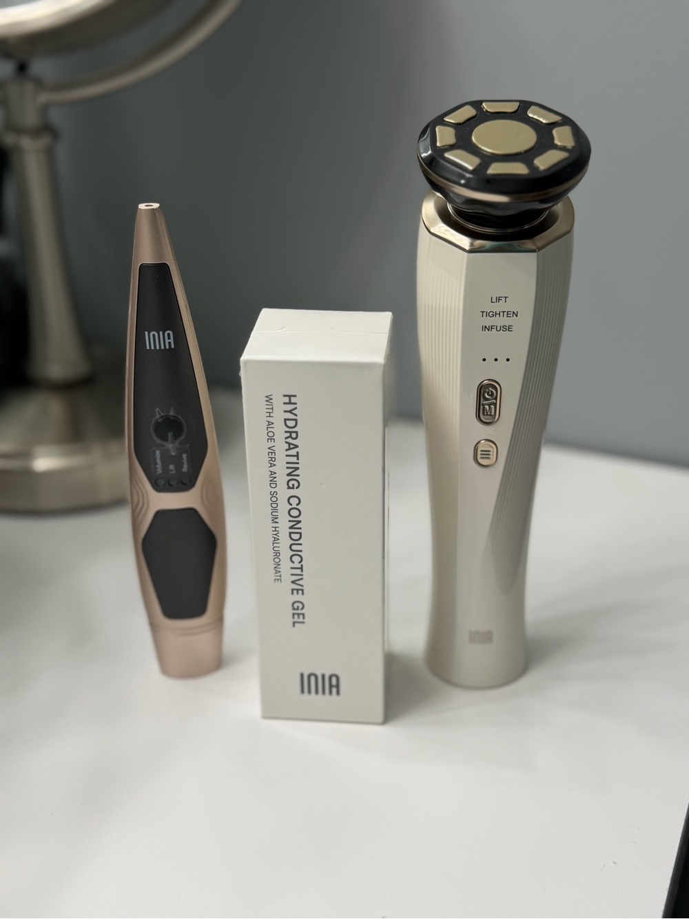 INIA Skincare Device Set Lift, Tighten, Infuse Wand + Eye Tool + Conductive Gel